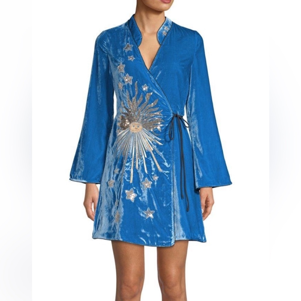 NWT RIXO London RARE Blue Iris silver gold sequin Embellished Velvet Wrap Dress